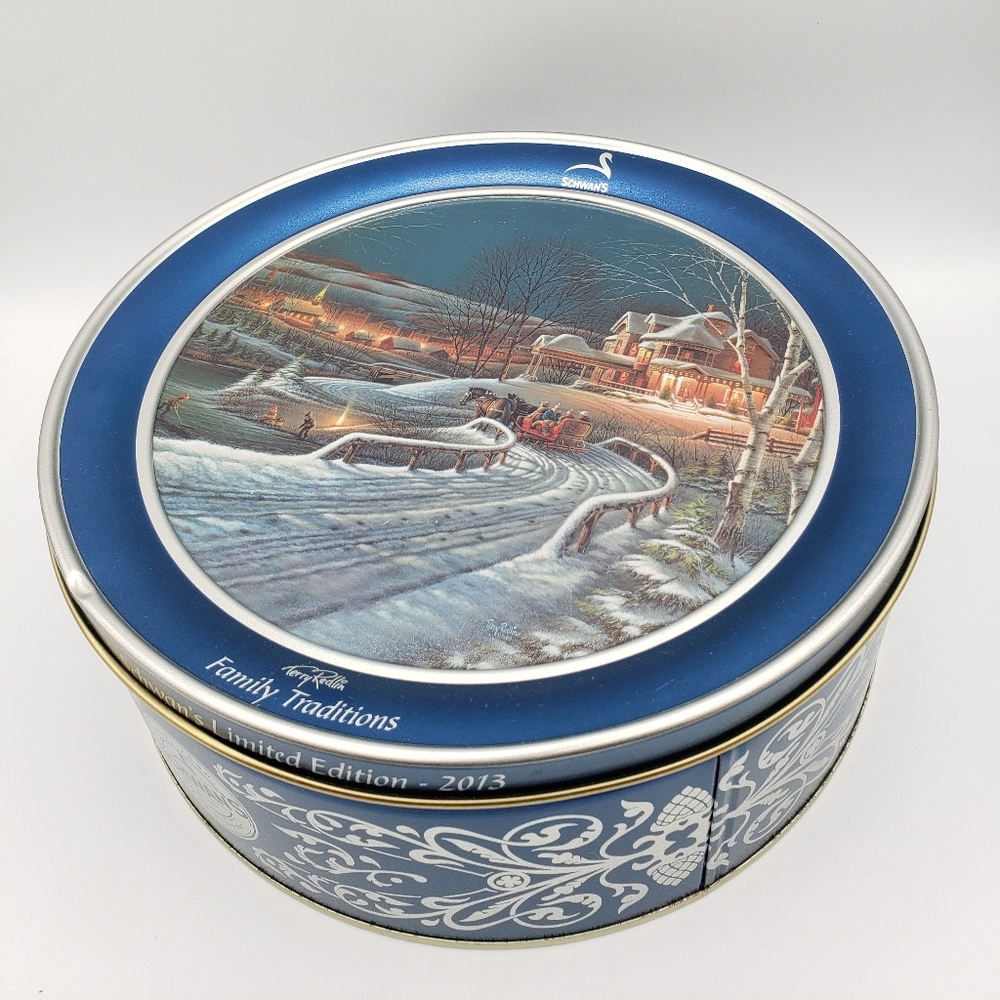 Christmas Cookie Tin Terry Redlin "Family Traditions" 2013 Schwan's Limited Blue